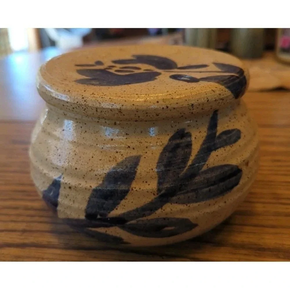 Gorgeous Stoneware Butter Bell Bowl Dish Storage With Lid Blue Design Handmade